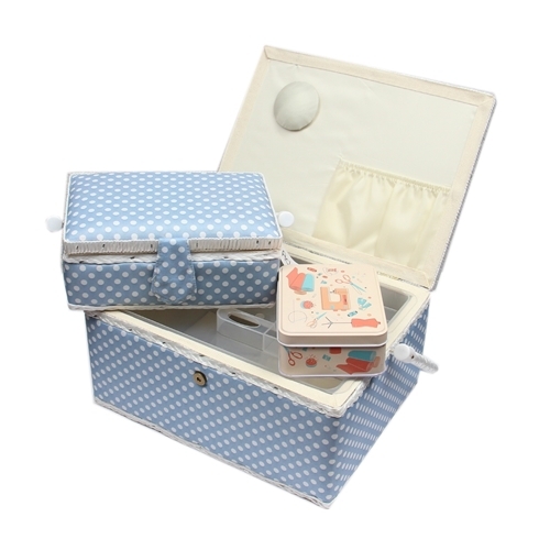 Nhkorb-Set blau, weiss gepunktet  (1x gro und 1x mittel) und Accessoires Box (mit Zubehr)