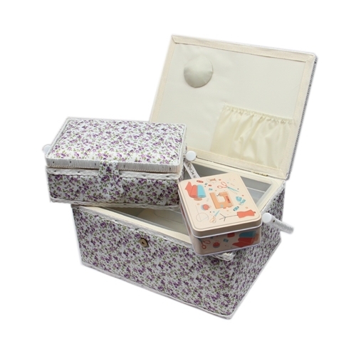 Nhkorb-Set Blumenmuster lila, weiss  (1x gro und 1x mittel) und Accessoires Box (mit Zubehr)