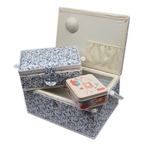 Nhkorb-Set Blumenmuster blau, weiss  (1x gro und 1x mittel) und Accessoires Box (mit Zubehr)