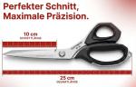 Die Ackermann ACKERMANN Schere groß (AP-25) verfügt über schwarze Griffe, eine Klingenlänge von 10 cm und eine Gesamtlänge von 25 cm. Der obenstehende deutsche Schriftzug lautet: „Perfekter Sch