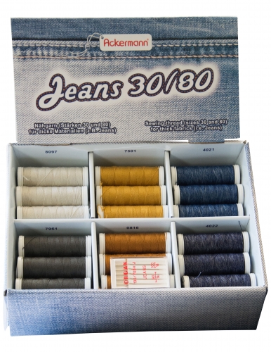 ACKERMANN Nhfaden-Set JEANS (30/80) mit 36x Rollen Nhgarn und 5x Organ JEANS - Nhnadeln