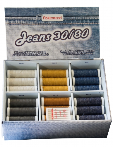 ACKERMANN� N�hfaden-Set Jeans (30/80) mit 36 Rollen N�hgarn und 5 Organ Jeans-N�hnadeln